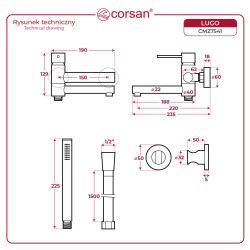 Bateria wannowa ścienna Corsan Lugo CMZ7541CH, 6 kolorów