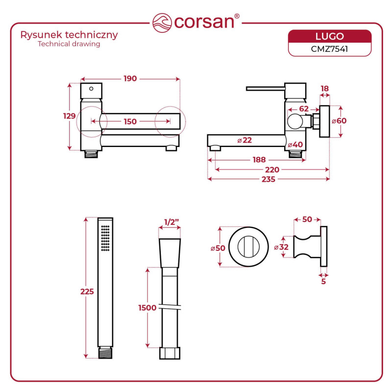 Bateria wannowa ścienna Corsan Lugo CMZ7541CH, 6 kolorów