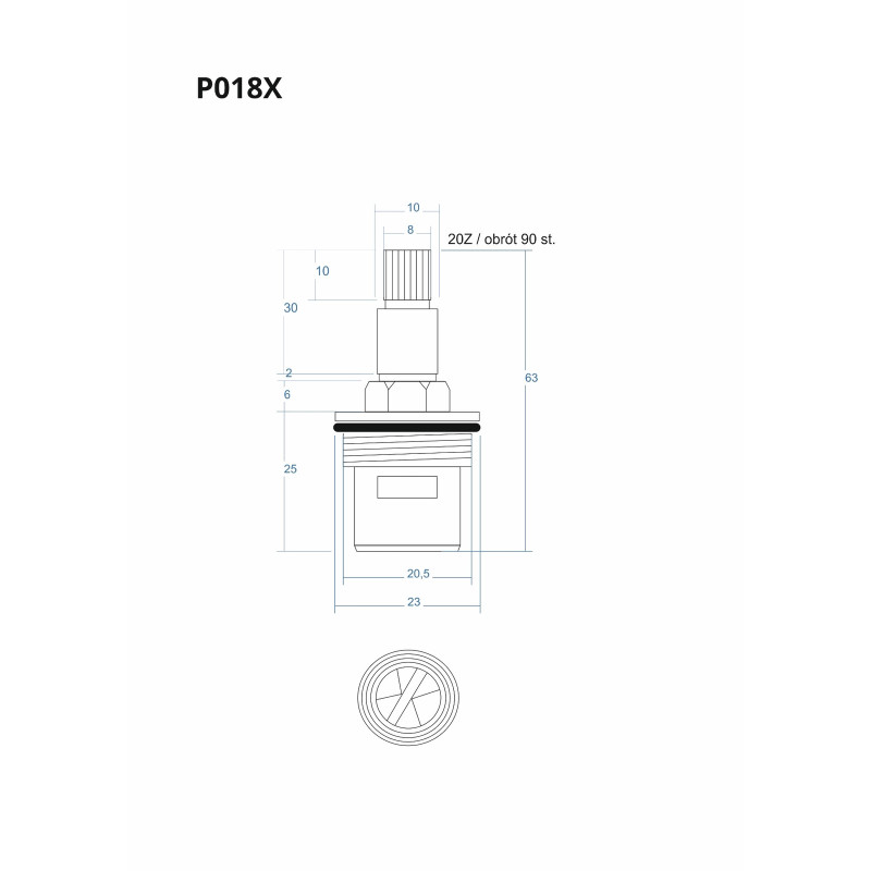 Głowiczka ON/OFF P018X 63 mm – wieloklin Ø8 (20 zębów) | 90°