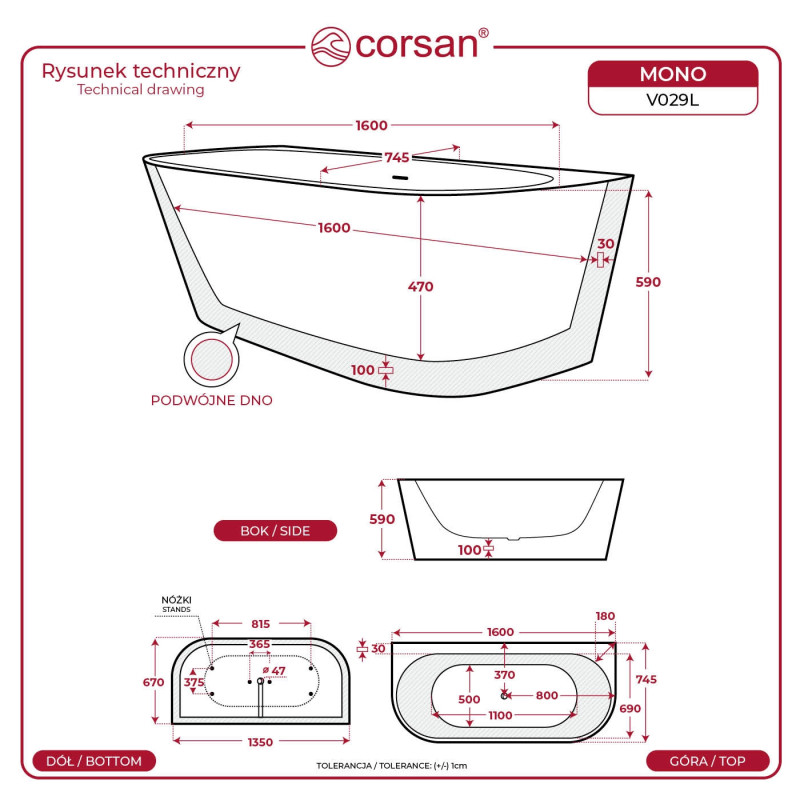 Wanna przyścienna Corsan MONO V029 z przelewem szczelinowym