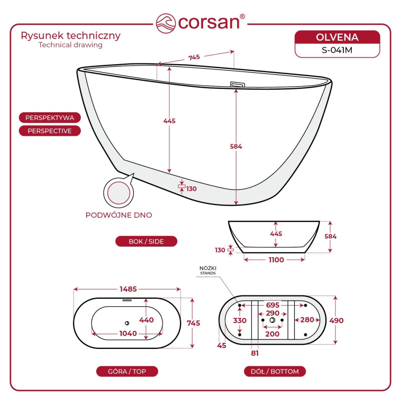 Wanna wolnostojąca Corsan OLVENA E041 150cm, 160cm i 170cm
