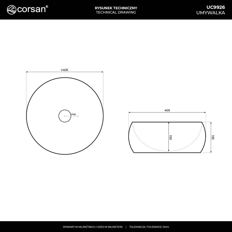 Okrągła umywalka Corsan LUGO UC9226, śr. 40 cm | Corsan.pl