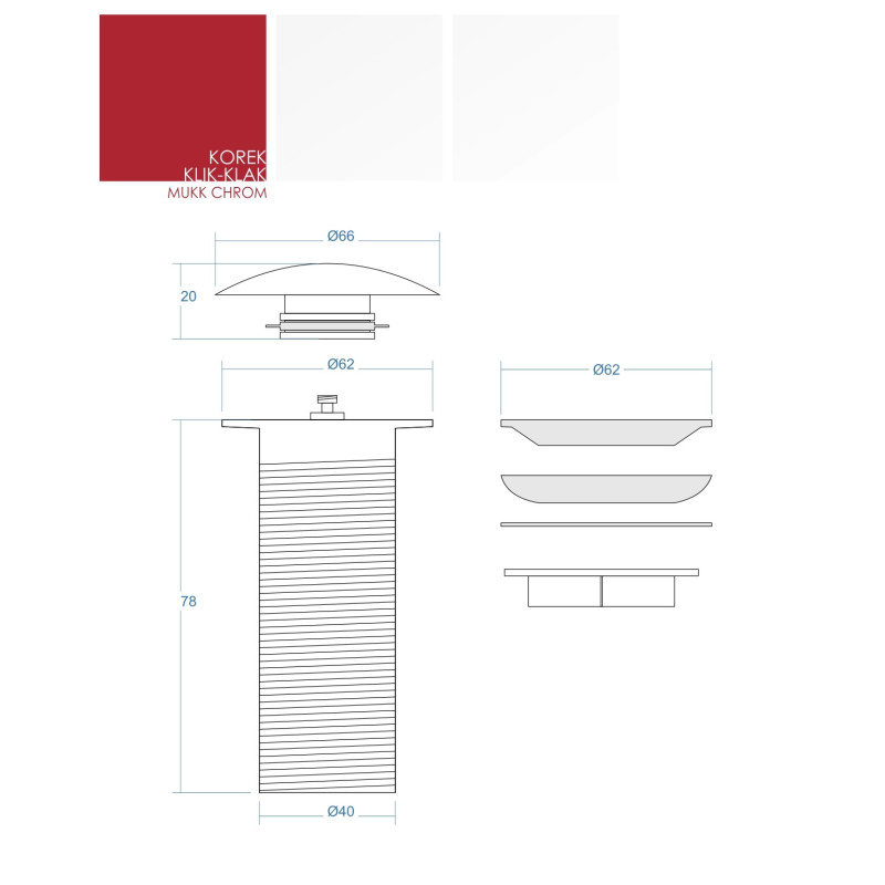 Korek do umywalki Corsan MUKK klik-klak, różne kolory