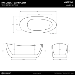 Wanna wolnostojąca Corsan AVOLA V032 180 cm asymetryczna