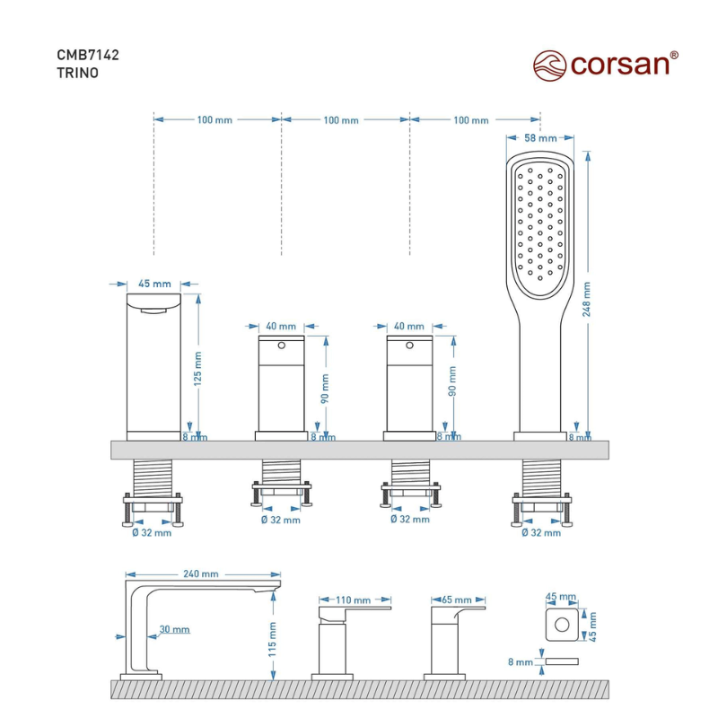 Bateria wannowa 4-otworowa TRINO CMB7142 czarna/chrom