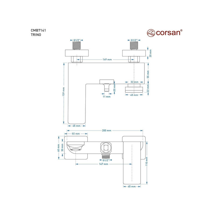 Bateria wannowa ścienna Corsan TRINO CMB7141