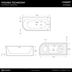 Wanna INTERO V240 Prawa | 150-170 cm | Przelew szczelinowy