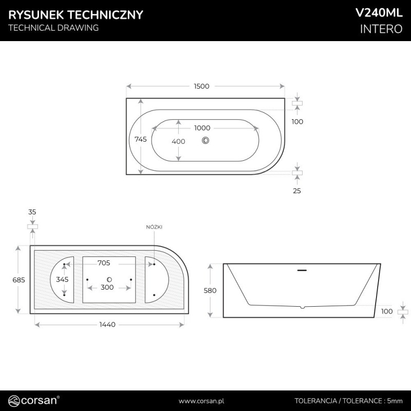 Wanna narożna INTERO V240 przelew szczelinowy, 150 -170 cm