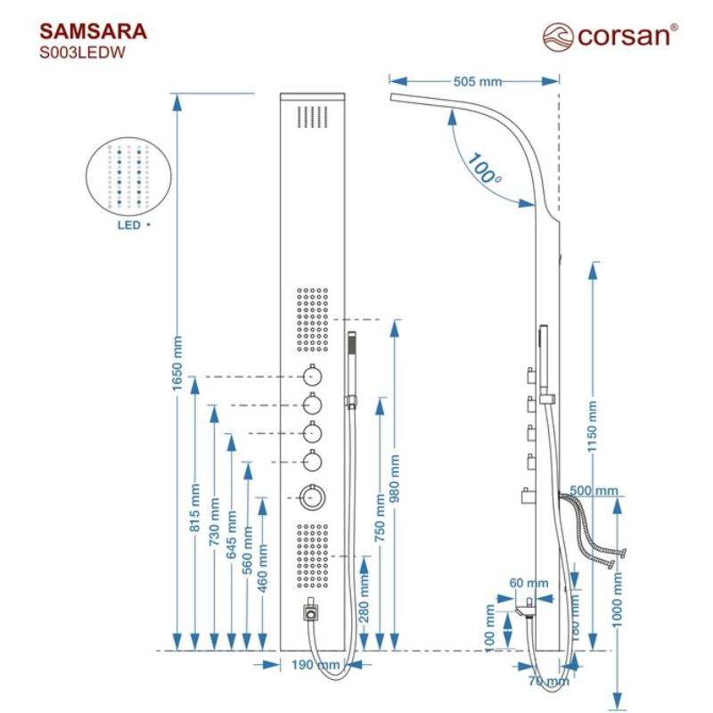 Corsan SAMSARA LED – Panel prysznicowy z hydromasażem