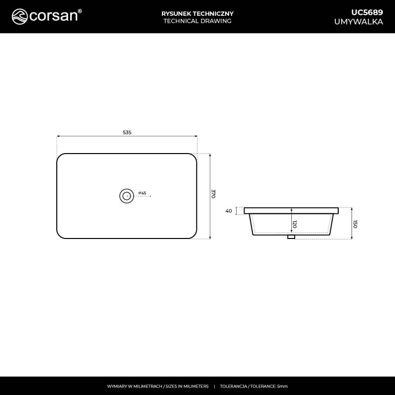 Einbauwaschbecken INTERO UC5689 rechteckig, 53×37×15 cm