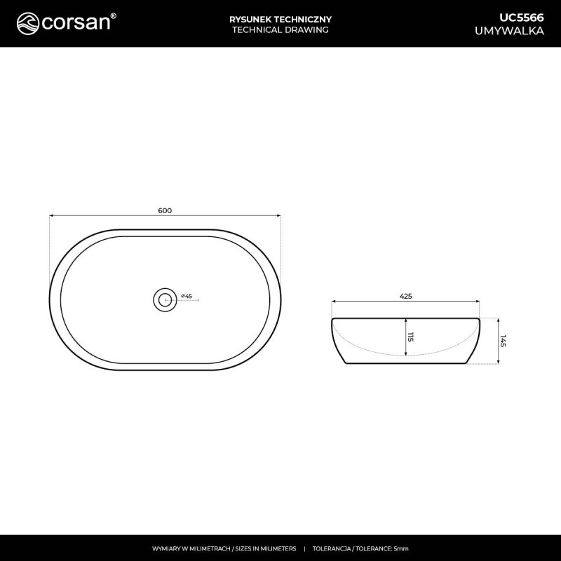 Aufsatzwaschbecken OLVENA UC5566 oval, 60×40×15 cm