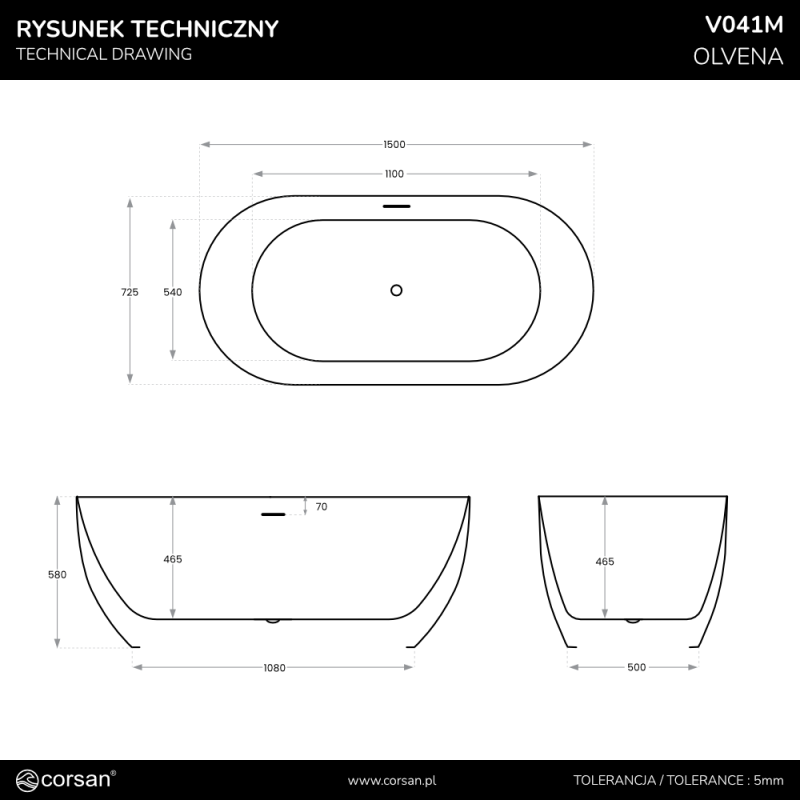 Freistehende Badewanne OLVENA V041 Slim