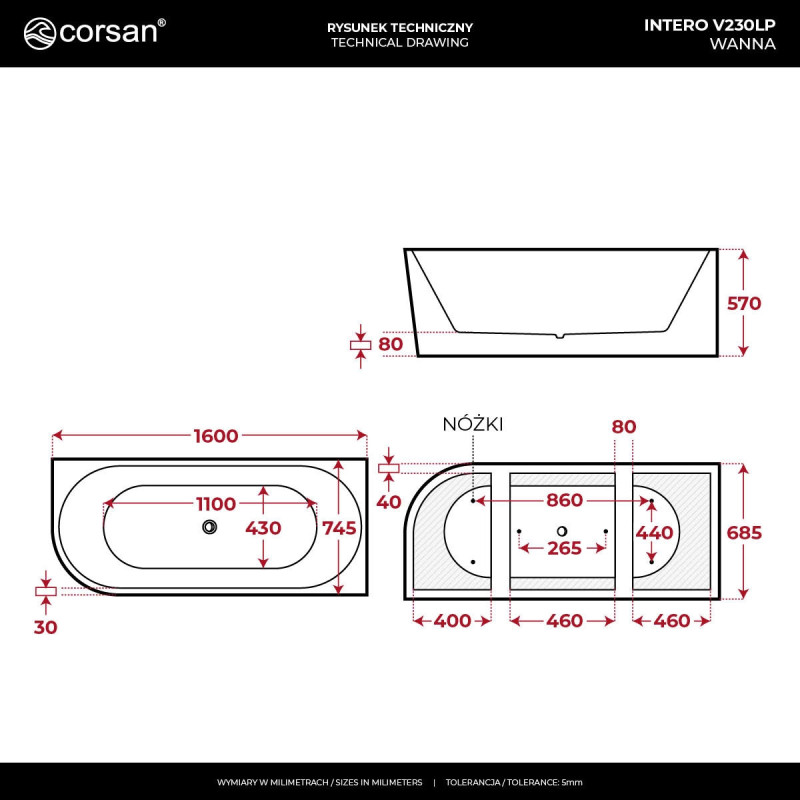INTERO V230 Right Corner Bathtub with Slot Overflow