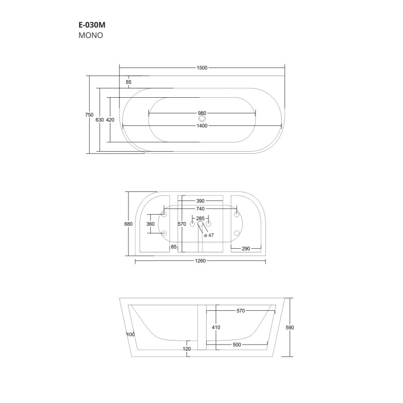 MONO E030 Back‑to‑Wall Bathtub with Wide Rim