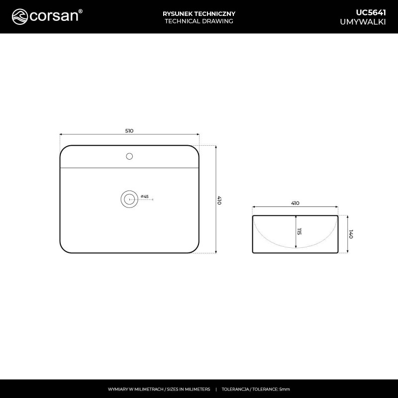 ANGO UC5641 Countertop Rectangular Basin 50×40×14 cm