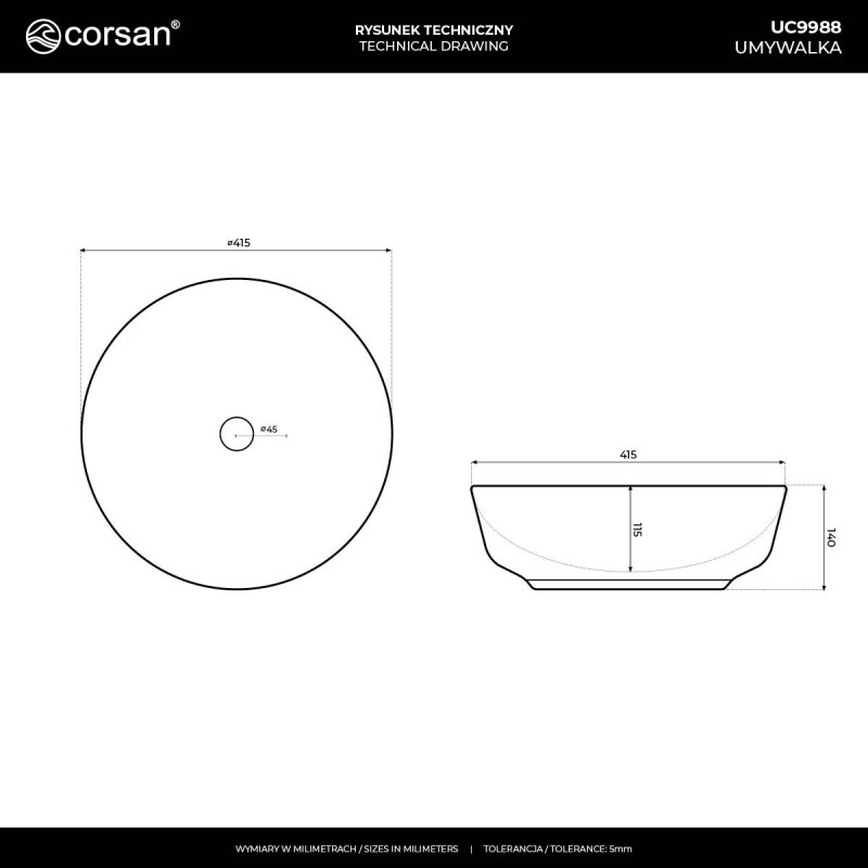LUGO UC9988 Round Countertop Basin 42×14 cm