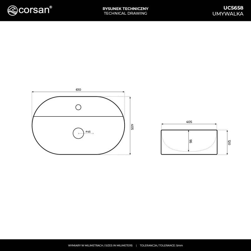 OLVENA UC5658 Countertop Basin with Tap Hole 60×40×12 cm