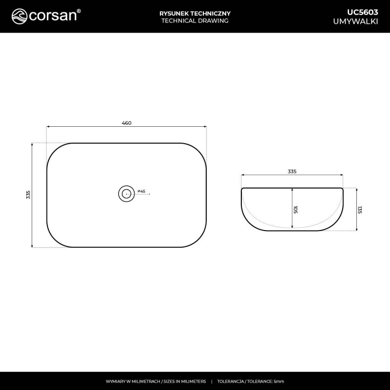 MONO UC5603 Countertop Rectangular Basin 46×32×14 cm