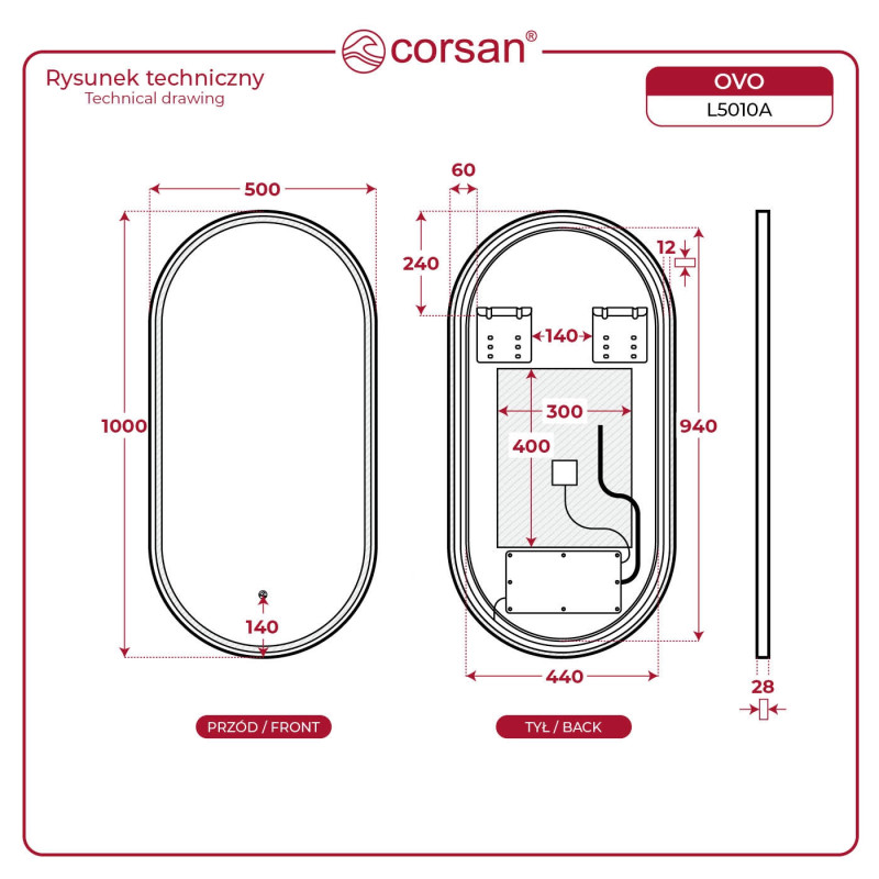 OVO 50×100 cm LED Mirror, Oval