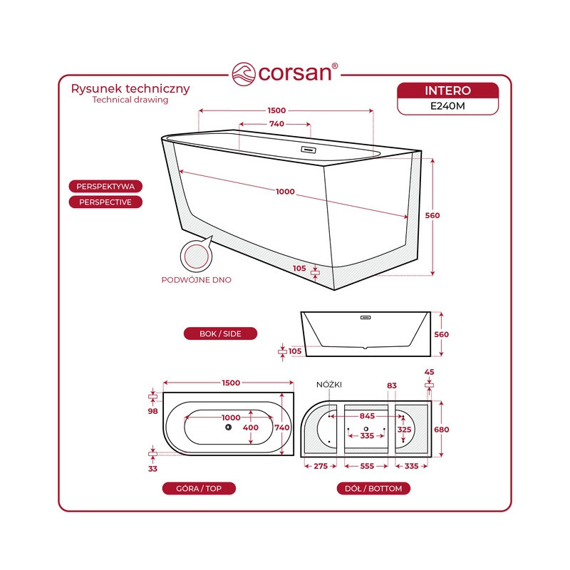 INTERO E240 Right Corner Bathtub with Wide Rim