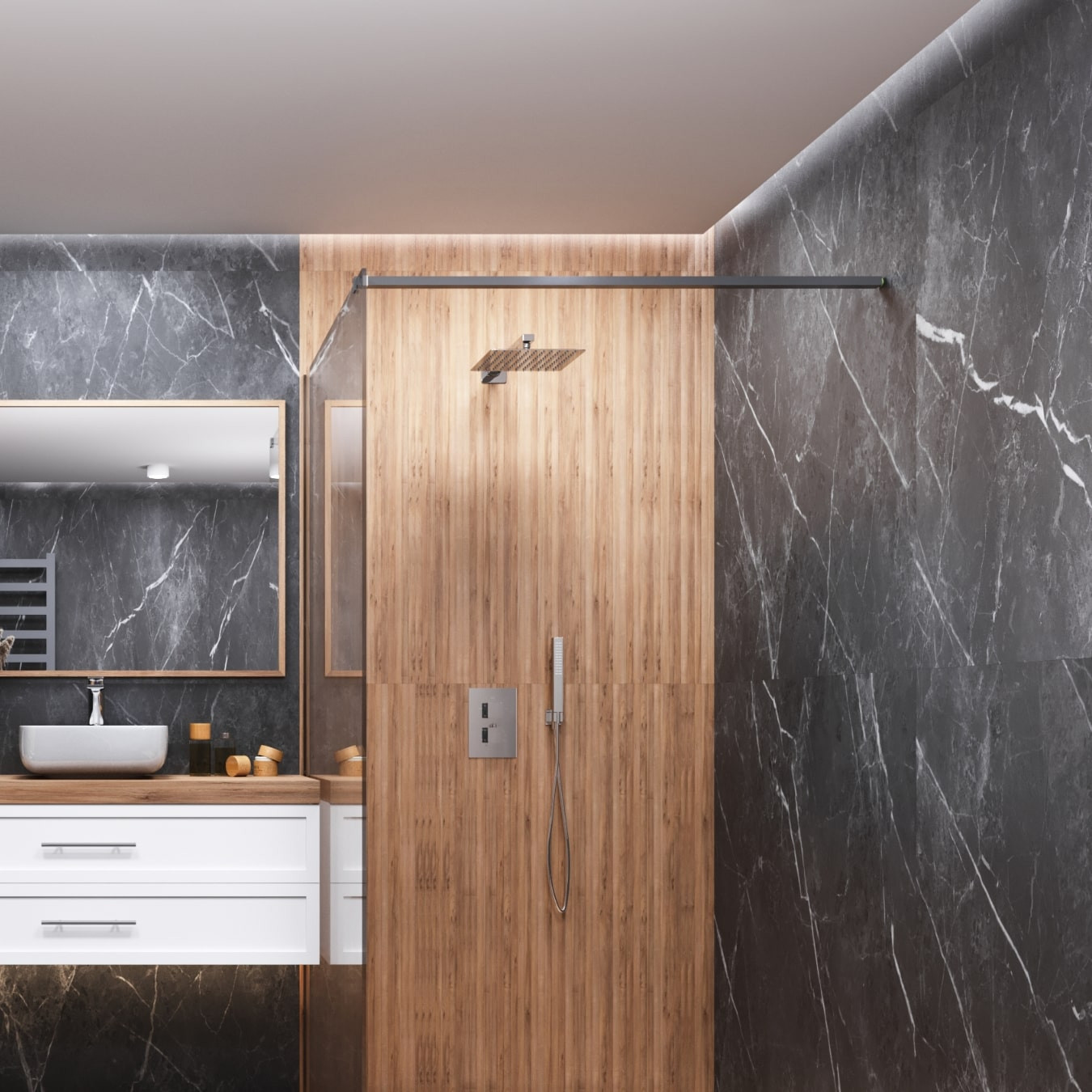 Prysznicowy zestaw podtynkowy Corsan Ango w łazience z drewnianymi wykończeniami