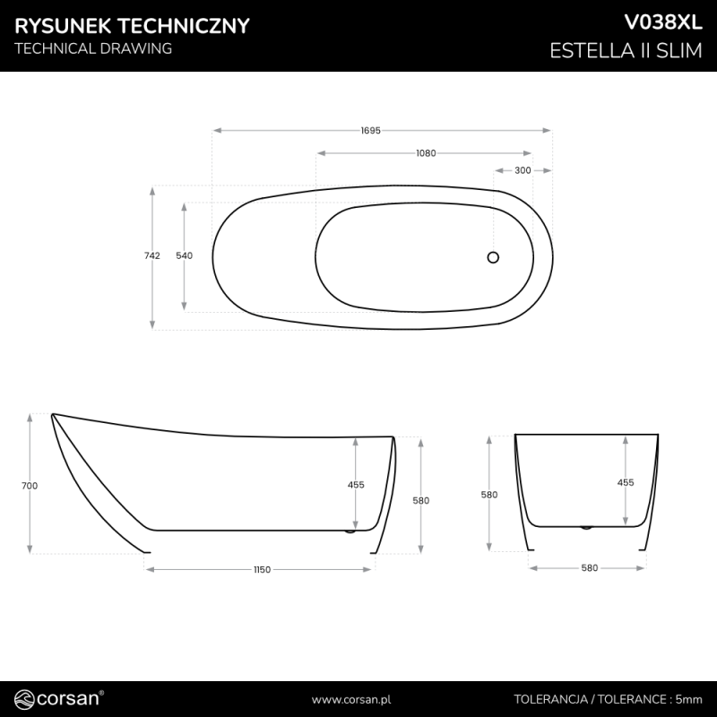 Voľne stojaca vaňa ESTELLA II V038 Slim