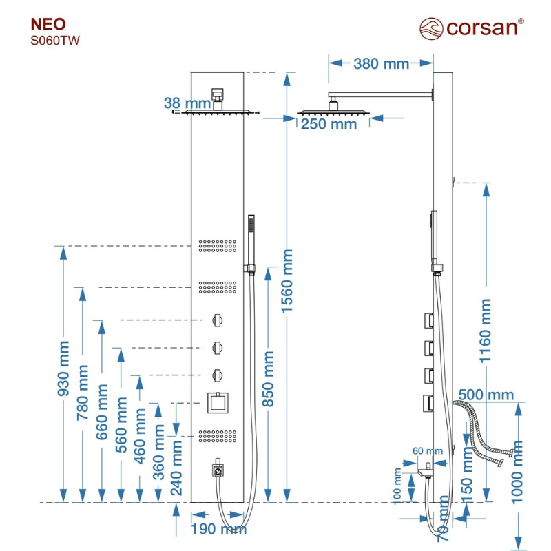 Sprchový panel NEO LED, oceľový
